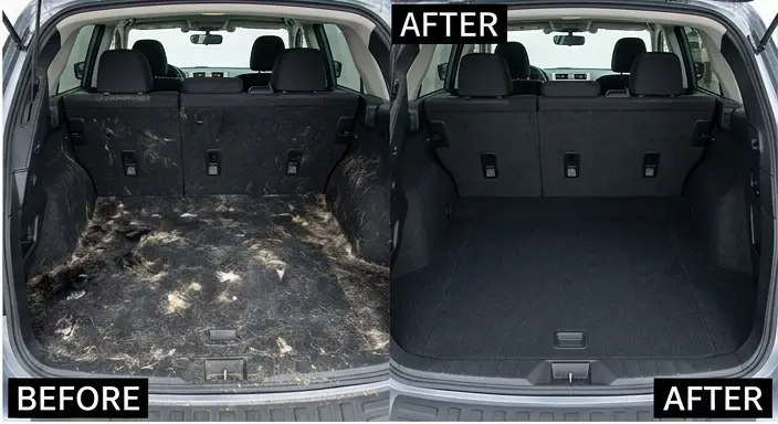 Cargo area before and after: carpet covered in pet hair, then clean.