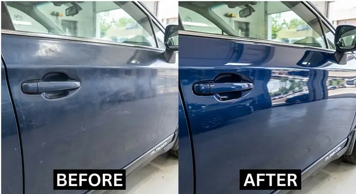 Driver’s side door before and after: dull, dusty paint, then glossy and reflective.