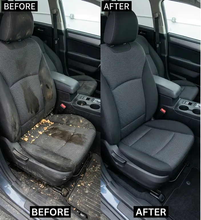 Driver’s seat before and after: stained cloth and crumbs on the seat and floor mat, then clean.